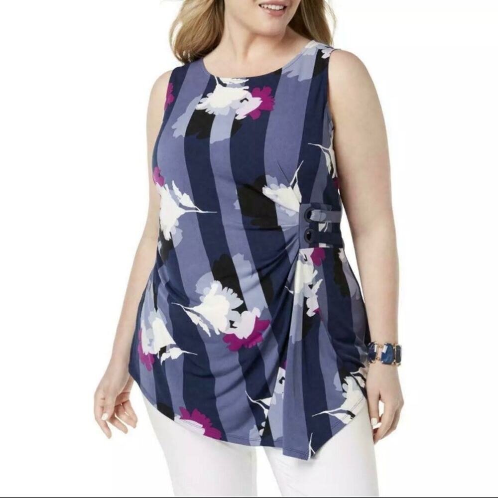 Alfani Women Navy Sleeveless Printed Side-Tie Top-0X